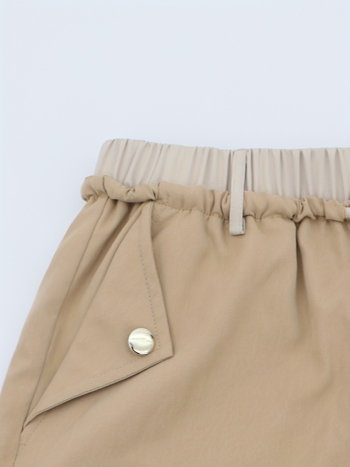 Flap Pockets Split Wide Leg Cargo Pants, Casual Drawstring Pants For Spring & Summer, Women's Clothing