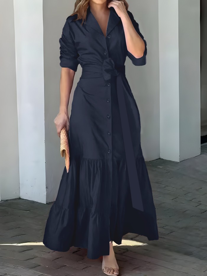 Solid Button Front Belted Dress, Elegant Ruched Sleeve Ruffle Trim Maxi Dress, Women's Clothing