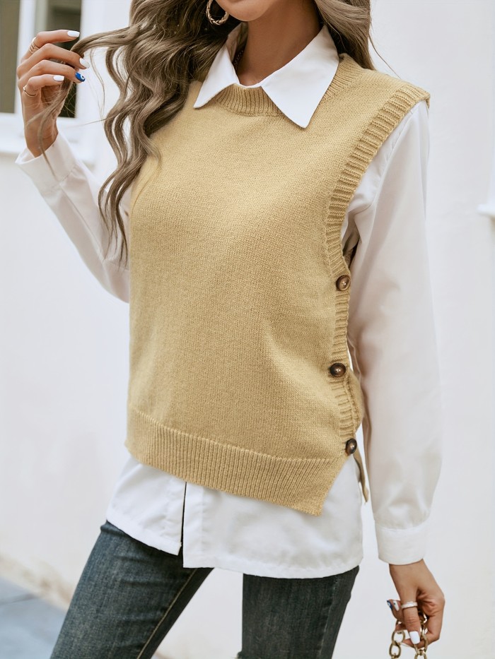 Side Button Solid Knit Vest, Casual Crew Neck Sleeveless Vest, Women's Clothing