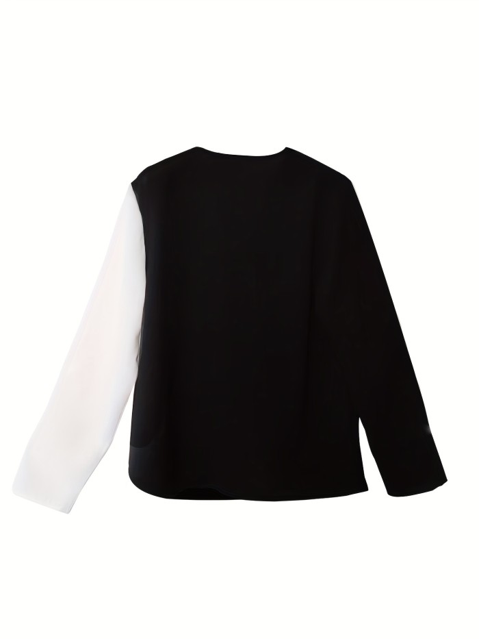 Color Block Asymmetrical Hem Blouse, Casual V Neck Long Sleeve Blouse, Women's Clothing