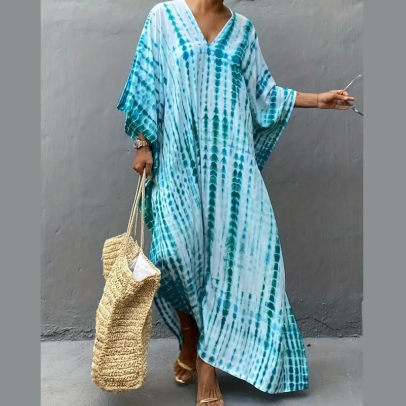 V Neck Oversized Kaftan Dress, Bohemian Loose Beach Vacation Dress, Women's Clothing