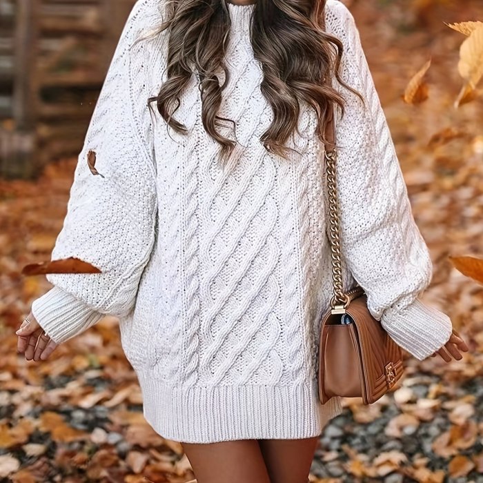 Cable Knit Sweater Dress, Casual Solid Long Sleeve Dress, Women's Clothing