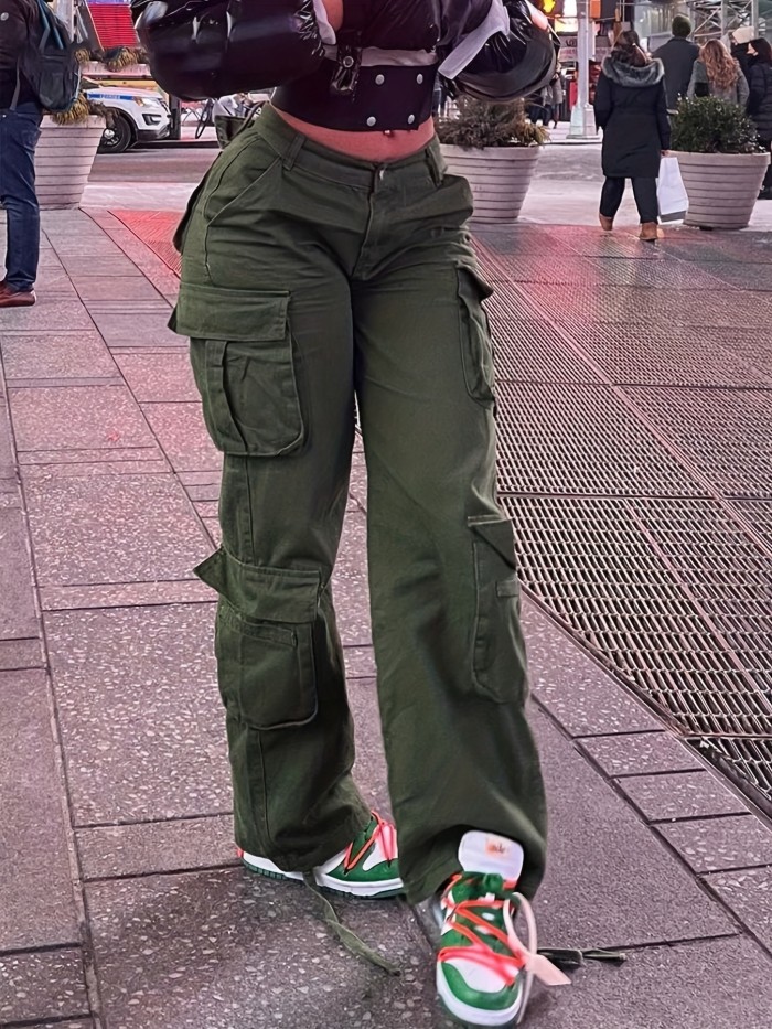 Green Loose Fit Cargo Pants, Flap Pockets Non-Stretch Baggy Denim Pants, Y2K Kpop Vintage Style, Women's Denim Jeans & Clothing