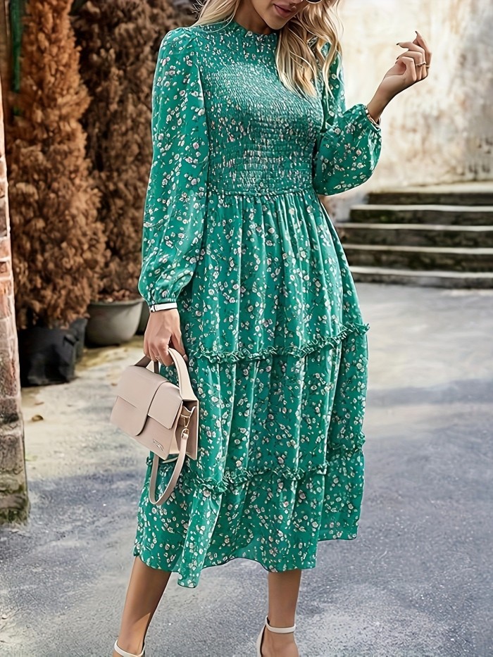 Floral Print Shirred Dress, Boho Lettuce Trim Long Sleeve Midi Dress, Women's Clothing