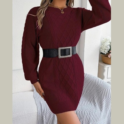 Solid Cable Knit Sweater Dress, Elegant Crew Neck Long Sleeve Dress, Women's Clothing