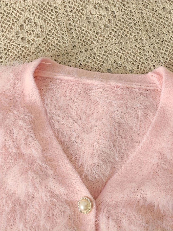 Faux Fur Button Down Knit Cardigan, Elegant Long Sleeve Retro Sweater, Women's Clothing