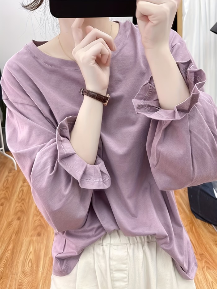 Solid Color Crew Neck T-Shirt, Casual Ruffle Lantern Sleeve T-Shirt For Spring & Fall, Women's Clothing