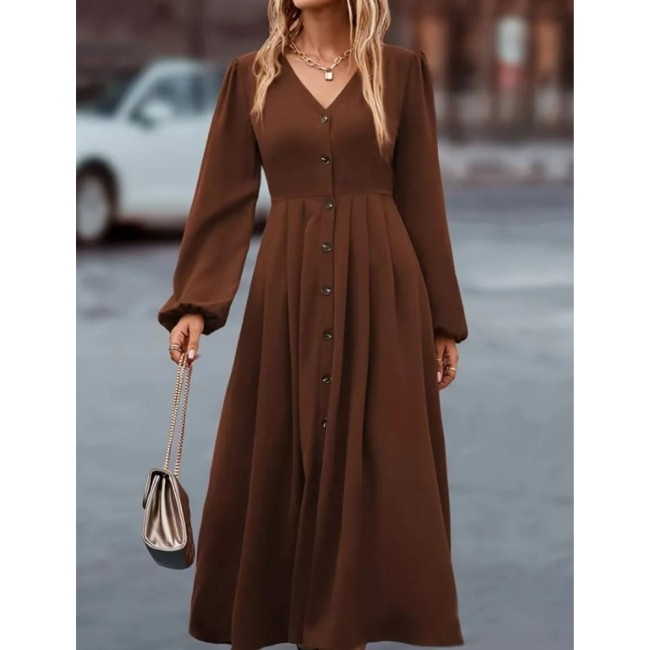 Button Front Rucked Dress, Elegant V Neck Long Sleeve Dress, Women's Clothing