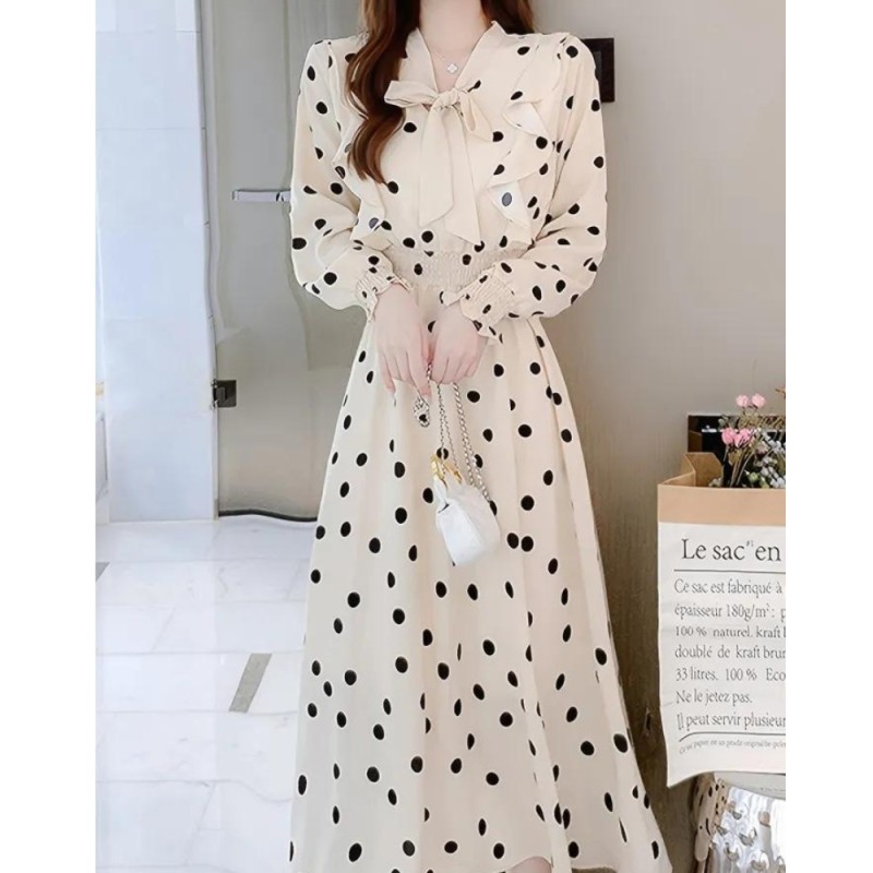 Polka Dot Print Bow Front Slim Dress, Long Sleeve Casual Every Day Dress For Spring & Fall, Women's Clothing