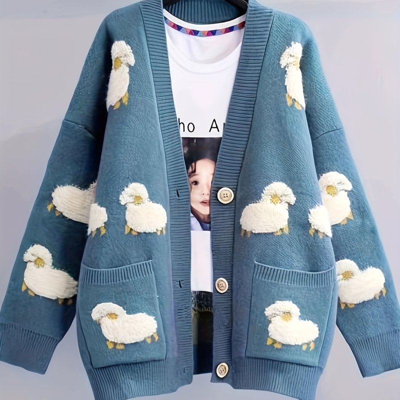Cute Sheep Pattern Button Front Cardigan, Casual Long Sleeve Cardigan For Spring & Fall, Women's Clothing