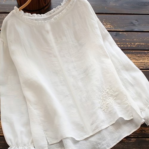 Plus Size Casual Top, Women's Plus Solid Embroidery Lettuce Trim Lantern Sleeve Round Neck Top