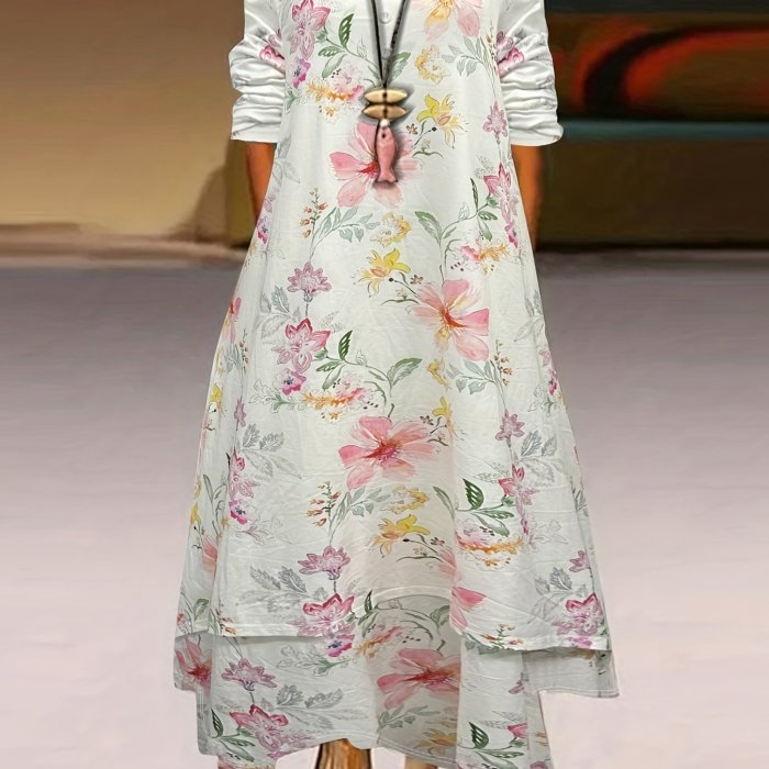 Plus Size Casual Dress, Women's Plus Floral Print Button Decor Long Sleeve V Neck Slight Stretch Maxi Dress With Pockets