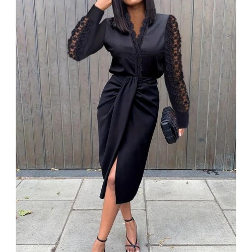 Contrast Lace Ruched Bodycon Dress, Elegant V Neck Long Sleeve Dress, Women's Clothing