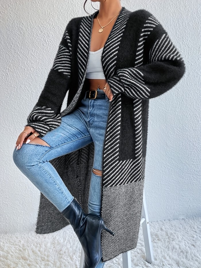 Women's Sweater V-neck Color Block Long Sleeve For Winter Long Cardigan