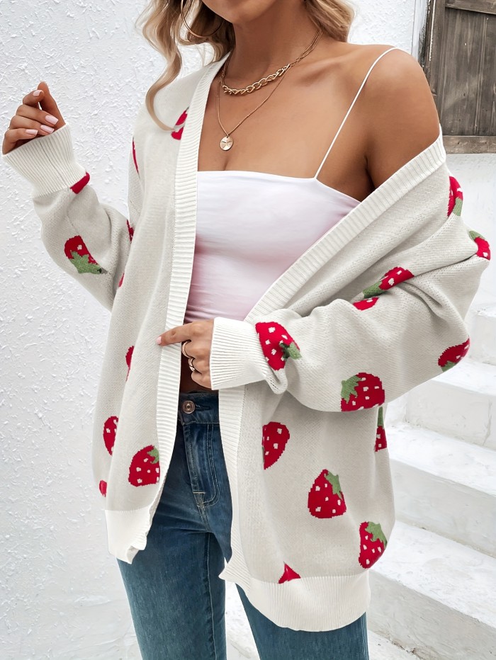 Strawberry Pattern Open Front Cardigan, Elegant Long Sleeve Cardigan For Spring & Fall, Women's Clothing
