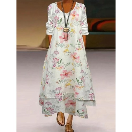 Plus Size Casual Dress, Women's Plus Floral Print Button Decor Long Sleeve V Neck Slight Stretch Maxi Dress With Pockets