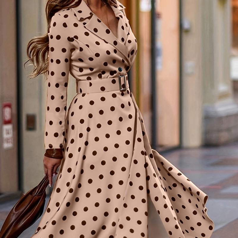 Plus Size Elegant Dress, Women's Plus Polka Dot Print Long Sleeve Lapel Collar Nipped Waist Dress