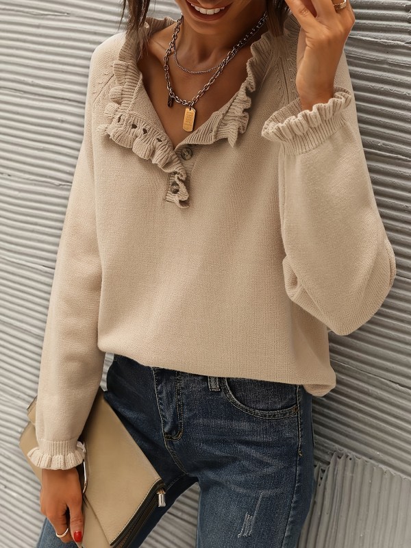 Solid V Neck Button Ruffle Hem Pullover Sweater, Casual Long Sleeve Sweater For Fall & Winter, Women's Clothing