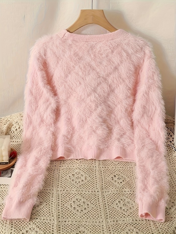 Faux Fur Button Down Knit Cardigan, Elegant Long Sleeve Retro Sweater, Women's Clothing