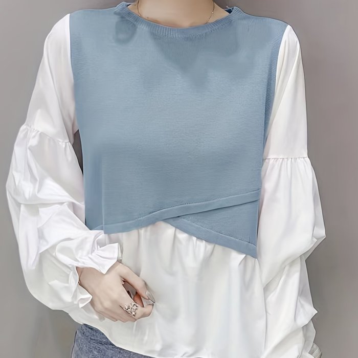 Stitching Puff Sleeve Knitted Top, Elegant Crew Neck Long Sleeve Top, Women's Clothing
