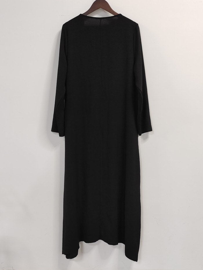 Plus Size Elegant Dress, Women's Plus Solid Long Sleeve Wavy V Neck Layered Maxi Dress With Pockets