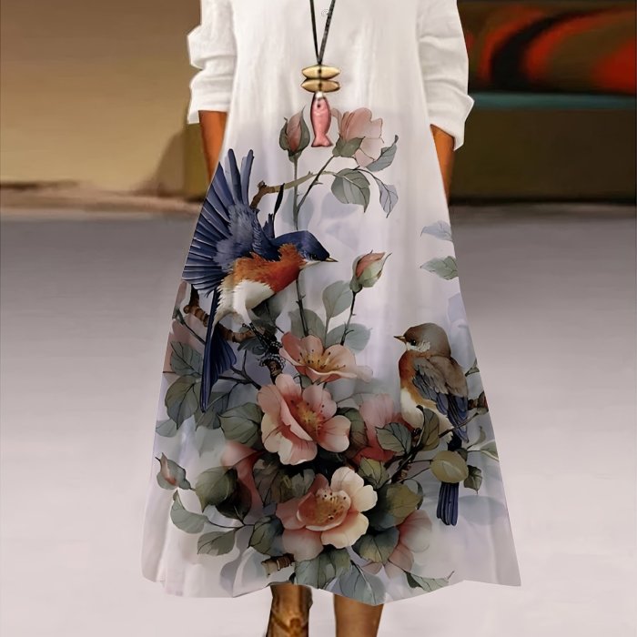 Plus Size Casual Dress, Women's Plus Painting Print Button Decor Half Sleeve Round Neck Maxi Dress