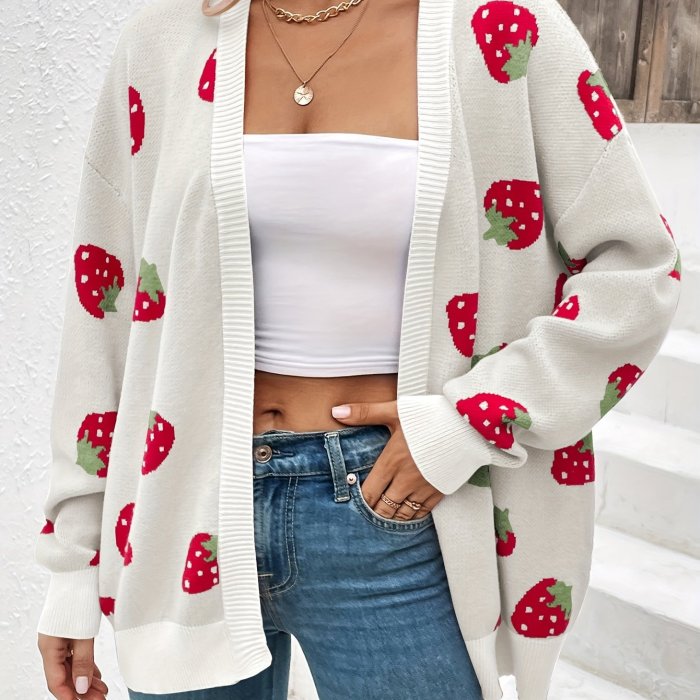 Strawberry Pattern Open Front Cardigan, Elegant Long Sleeve Cardigan For Spring & Fall, Women's Clothing