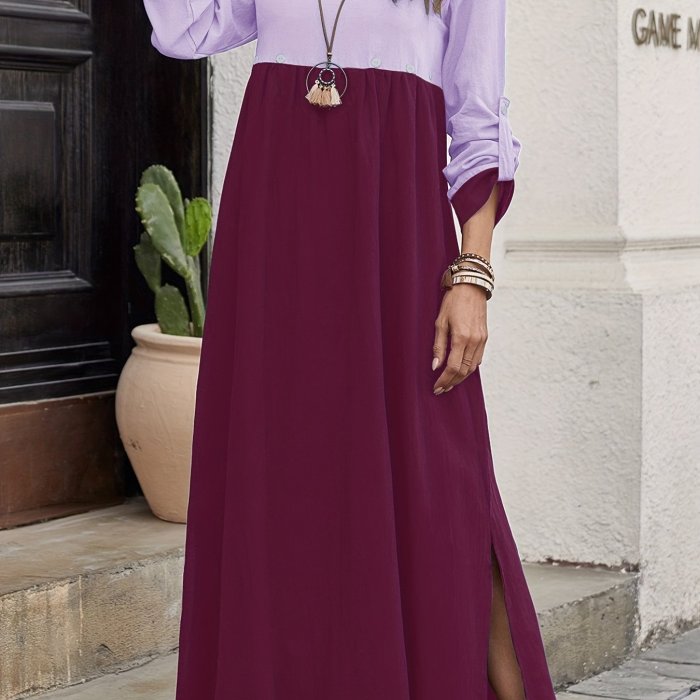 Plus Size Casual Dress, Women's Plus Colorblock Button Decor Long Sleeve Round Neck Slight Stretch Dress