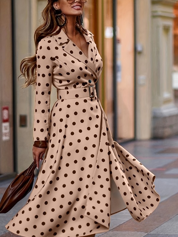 Plus Size Elegant Dress, Women's Plus Polka Dot Print Long Sleeve Lapel Collar Nipped Waist Dress