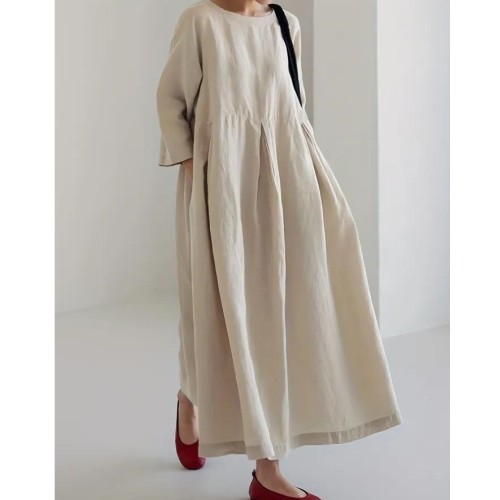 Solid Pleated Hem Maxi Dress, 3\u002F4 Sleeve Loose Crew Neck Dress, Casual Dresses For Spring & Fall, Women's Clothing