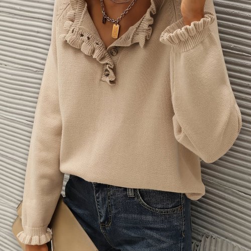 Solid V Neck Button Ruffle Hem Pullover Sweater, Casual Long Sleeve Sweater For Fall & Winter, Women's Clothing