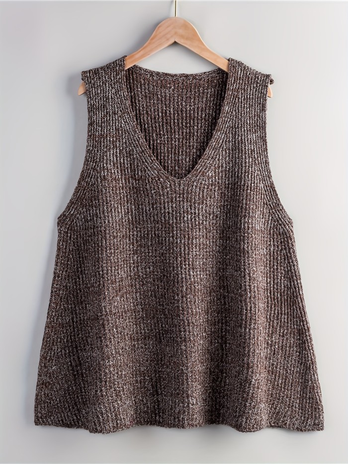 Solid V Neck Knitted Vest, Casual Sleeveless Ruffle Sweater, Women's Clothing
