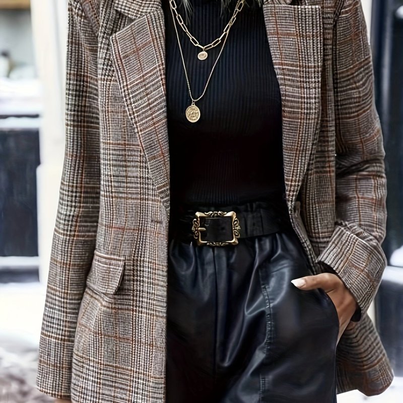 Plaid Pattern Lapel Blazer, Casual Open Front Long Sleeve Outerwear, Women's Clothing