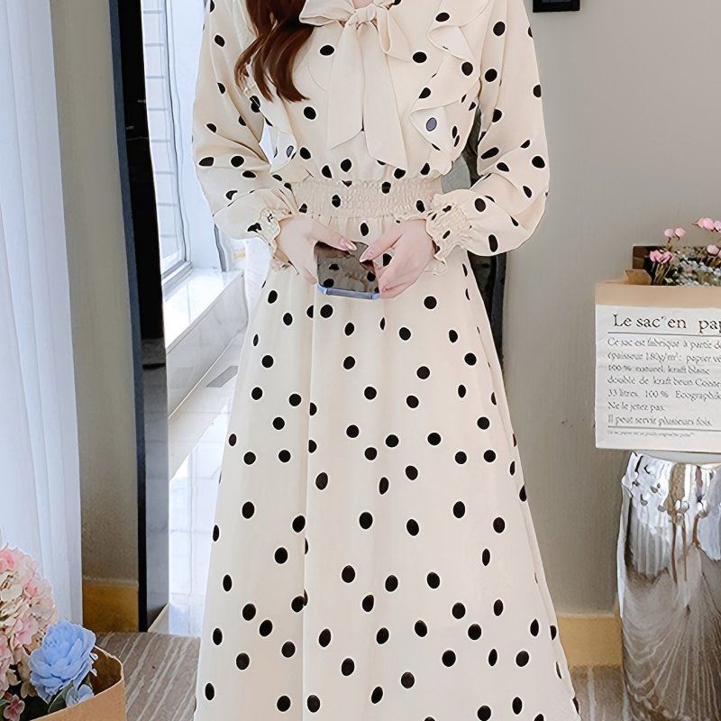 Polka Dot Print Bow Front Slim Dress, Long Sleeve Casual Every Day Dress For Spring & Fall, Women's Clothing
