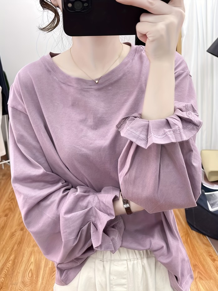 Solid Color Crew Neck T-Shirt, Casual Ruffle Lantern Sleeve T-Shirt For Spring & Fall, Women's Clothing