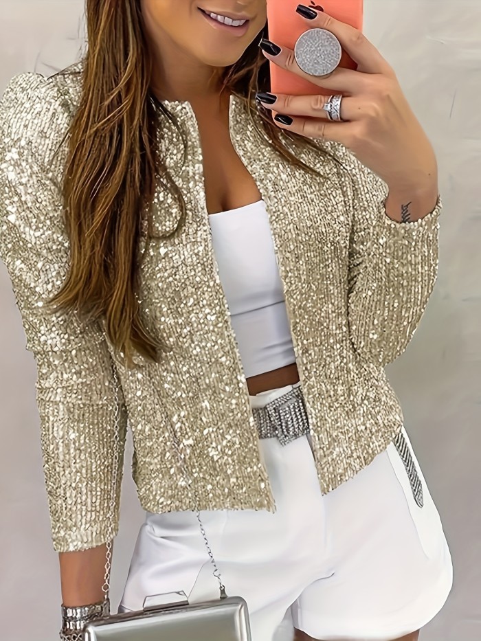 Solid Crew Neck Sequined Jacket, Long Sleeve Casual Every Day Top For Spring & Fall, Women's Clothing