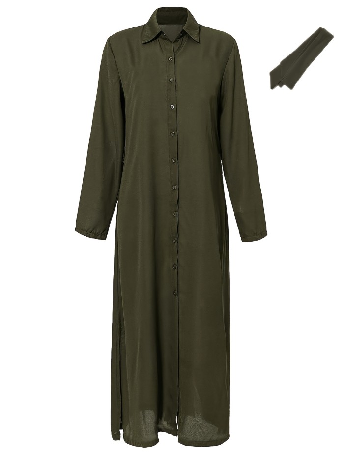 Solid Button Front Shirt Dress, Casual Long Sleeve Tie-waist Lapel Dress, Women's Clothing