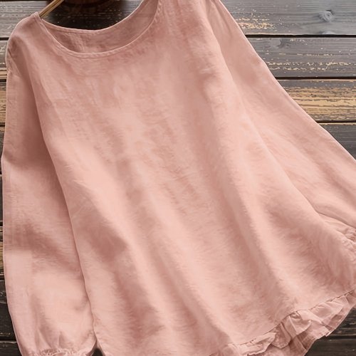 Solid Ruffle Trim Blouse, Casual Crew Neck Long Sleeve Blouse For Spring & Fall, Women's Clothing