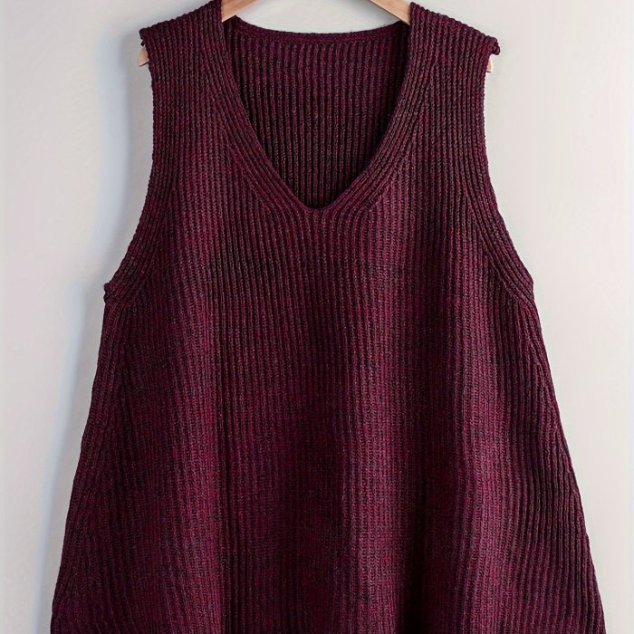 Solid V Neck Knitted Vest, Casual Sleeveless Ruffle Sweater, Women's Clothing