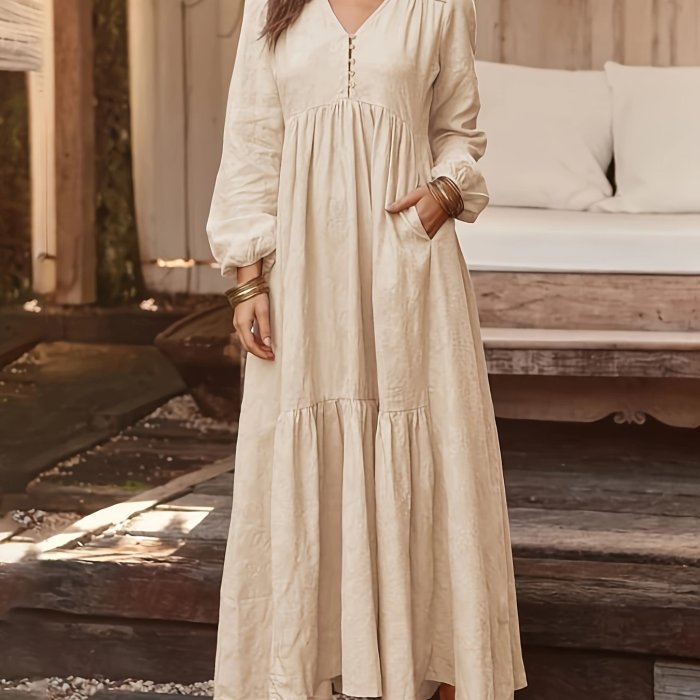 Plus Size Elegant Dress, Women's Plus Solid Button Up Lantern Sleeve V Neck Smock Maxi Dress