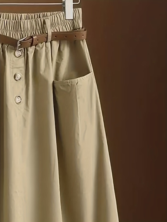 Solid Button Decor Pockets Skirt, Versatile Elastic Waist Skirt, Women's Clothing