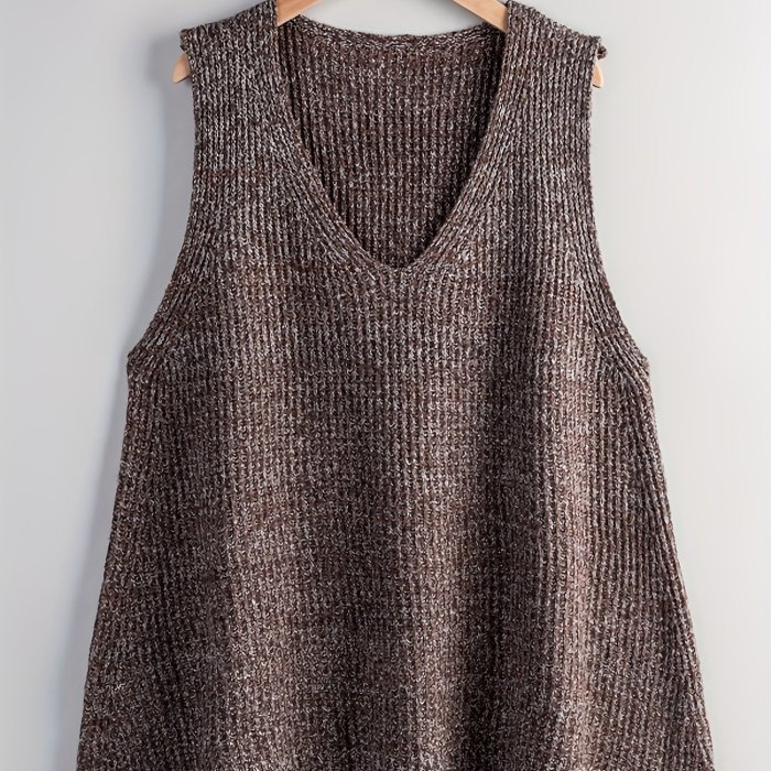 Solid V Neck Knitted Vest, Casual Sleeveless Ruffle Sweater, Women's Clothing