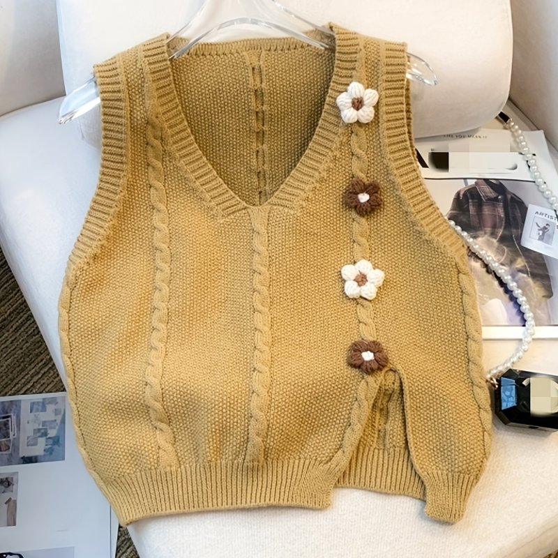 Floral Pattern V Neck Cable Knit Vest, Casual Sleeveless Split Sweater, Women's Clothing