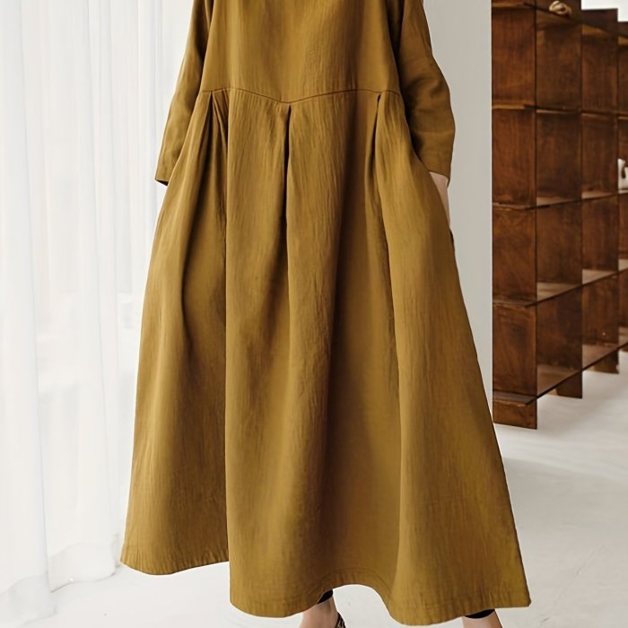Solid Pleated Hem Maxi Dress, 3\u002F4 Sleeve Loose Crew Neck Dress, Casual Dresses For Spring & Fall, Women's Clothing