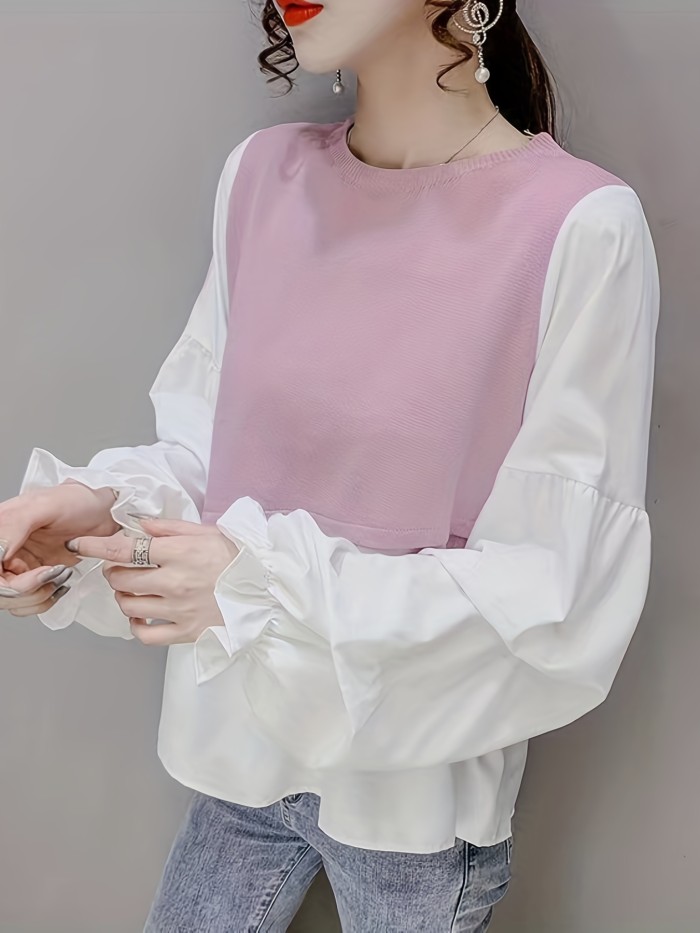 Stitching Puff Sleeve Knitted Top, Elegant Crew Neck Long Sleeve Top, Women's Clothing