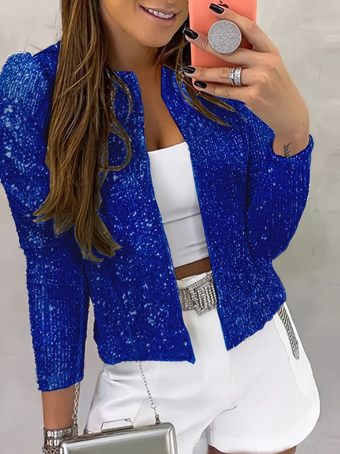 Solid Crew Neck Sequined Jacket, Long Sleeve Casual Every Day Top For Spring & Fall, Women's Clothing