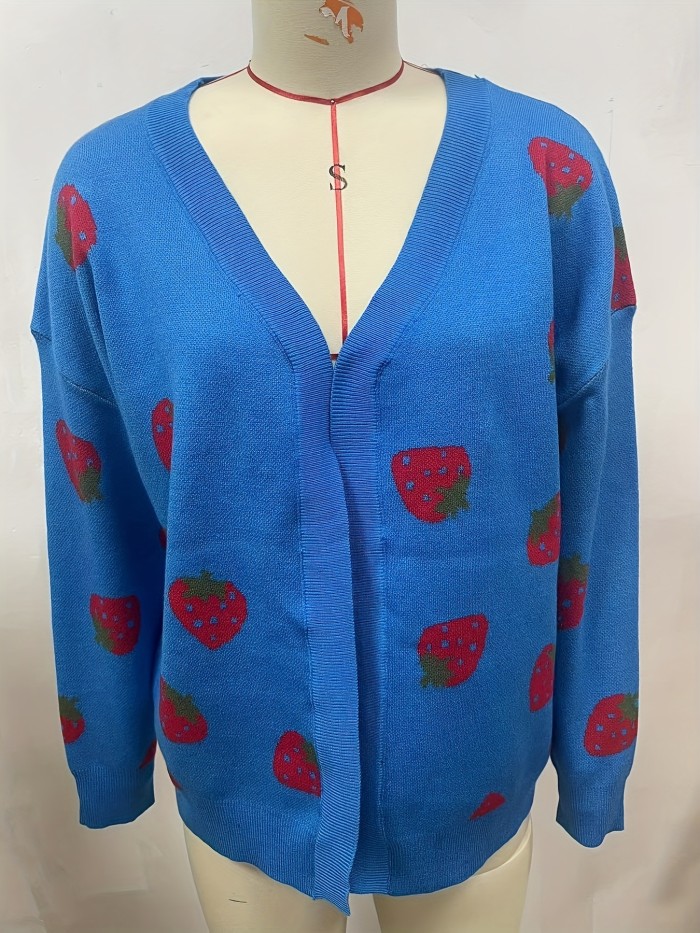 Strawberry Pattern Open Front Cardigan, Elegant Long Sleeve Cardigan For Spring & Fall, Women's Clothing