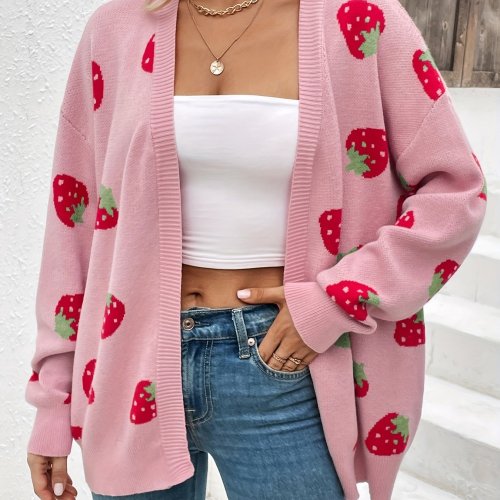 Strawberry Pattern Open Front Cardigan, Elegant Long Sleeve Cardigan For Spring & Fall, Women's Clothing