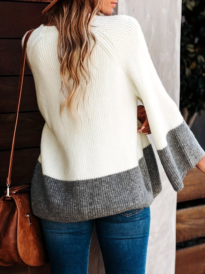 Two-tone Crew Neck Pullover Sweater, Casual Bell Sleeve Sweater For Fall & Winter, Women's Clothing