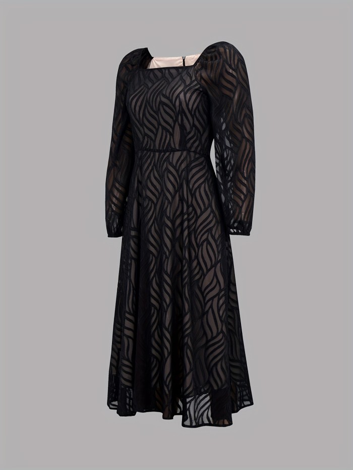Semi-Sheer Solid Dress, Elegant Squared Neck Lantern Sleeve Dress, Women's Clothing